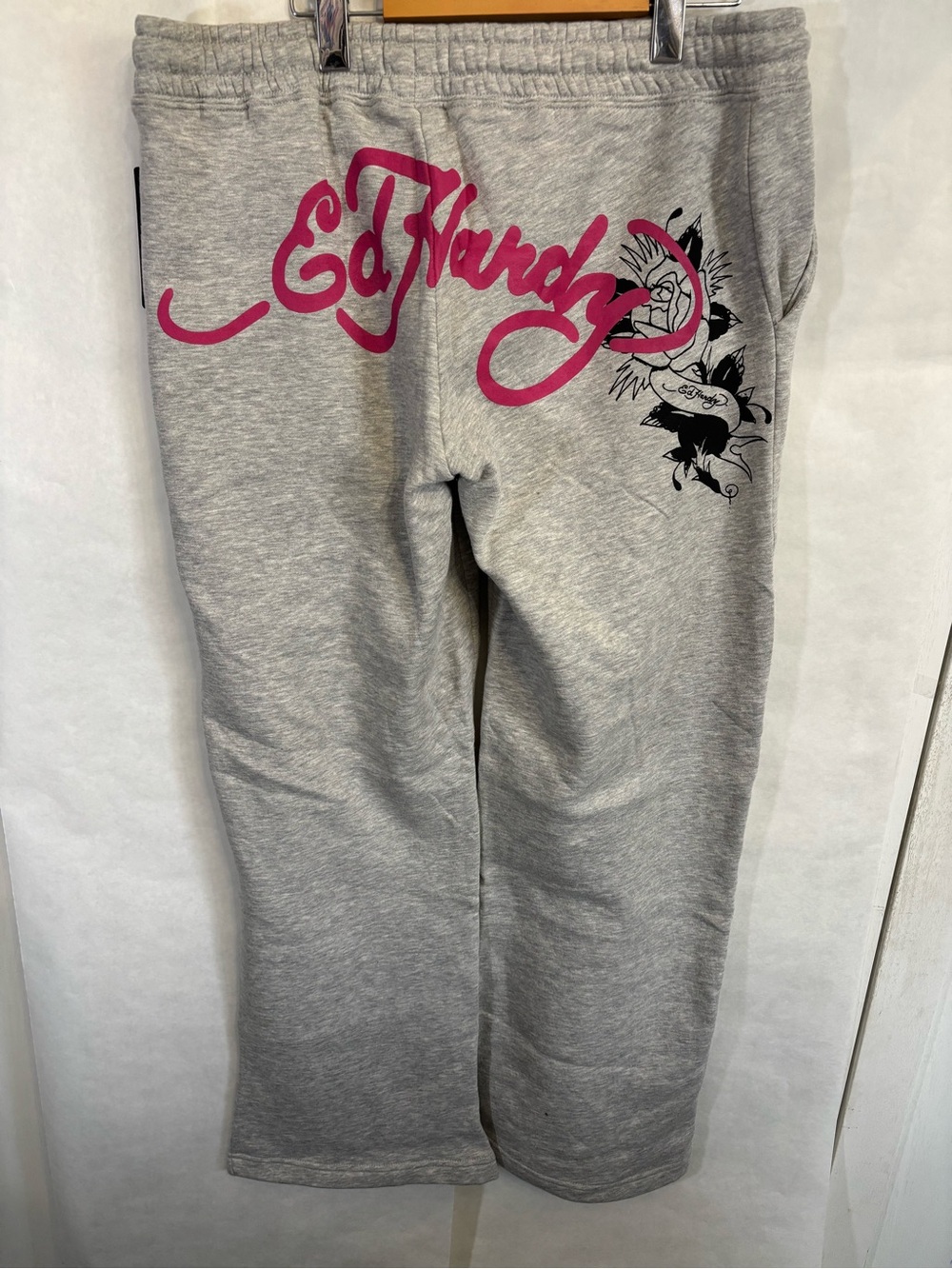 Ed Hardy Gray Track Joggers with Floral Graphic and Pink Logo - Picture 2 of 3